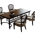 Dark Wood Rectangular Dining Table Set With Carved Back Upholstered Chairs 3d model