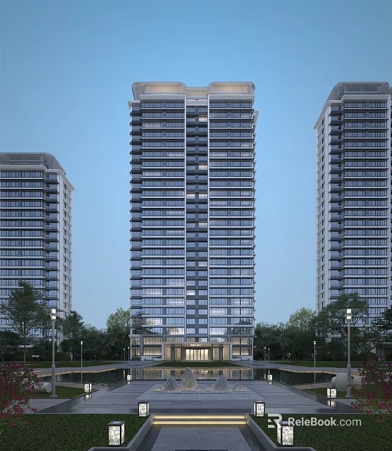Modern High Rise Residential Building with Glass Curtain Walls Surrounded by Greenery and Street Lamps 3d model 