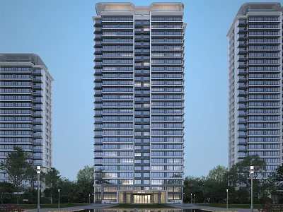 Modern High Rise Residential Building with Glass Curtain Walls Surrounded by Greenery and Street Lamps 3d model