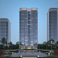 Modern High Rise Residential Building with Glass Curtain Walls Surrounded by Greenery and Street Lamps