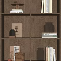 Decorative Ornaments Set On Wooden Shelf With Books And Glass Jars