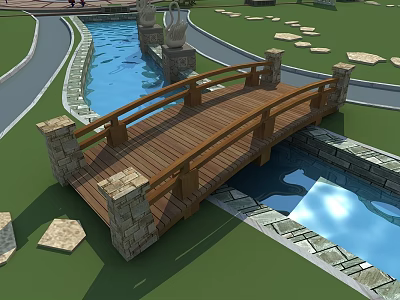 Wooden Garden Bridge With Stone Pillars Over Water And Stone Path Landscape 3d model