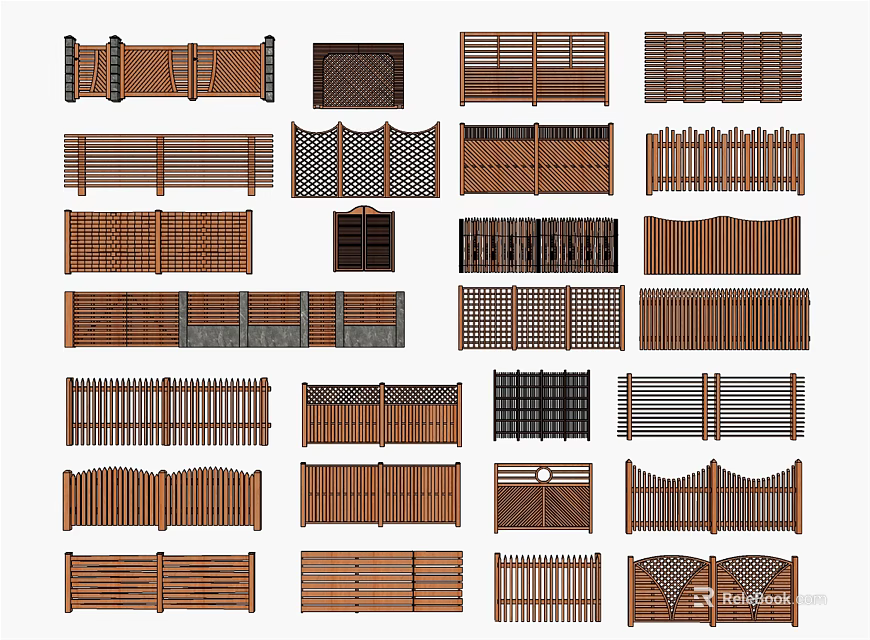 Various Wooden Fence Styles With Different Patterns And Structures 3d model