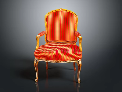 Classic Style Dining Chair With Golden Accents Red Orange Striped Fabric And Carved Curved Legs 3d model