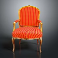 Classic Style Dining Chair With Golden Accents Red Orange Striped Fabric And Carved Curved Legs