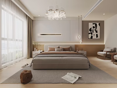 Modern Bedroom Interior With Large Windows Chandelier Cozy Bed And Soft Rug 3d model