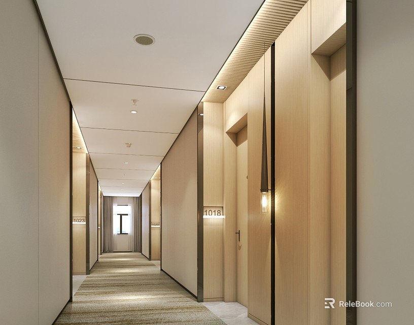 Hotel Corridor Featuring Wooden Walls Ceiling Lights Guest Room Doors And Carpeted Floor 3d model 