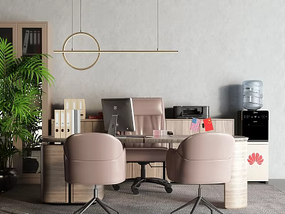 Modern Office Desk With Beige Chairs Computer Monitor Files Printer Green Plant And Circular Pendant Light 3d model