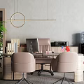 Modern Office Desk With Beige Chairs Computer Monitor Files Printer Green Plant And Circular Pendant Light