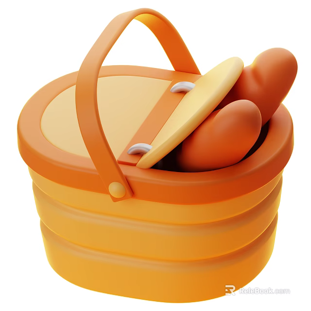 Orange Bread Basket With Open Lid Containing Fresh Bread Rolls And Handle 3d model