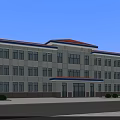 Modern Office Building with Red Roof Light Colored Exterior Large Windows Blue Trim and Trees