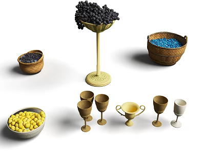 Fresh Black Grapes Blueberries and Yellow Fruit Pieces in Pedestal Dish Basket Bowl and Cups 3d model