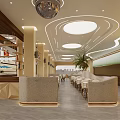 Modern Restaurant Interior Design With Round Ceiling Lights White Tables Beige Chairs And Palm Tree