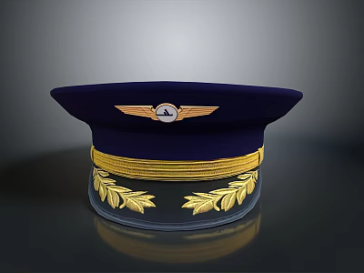 Elegant Dark Blue Hat With Gold Wing Badge Stripes And Laurel Leaf Patterns 3d model
