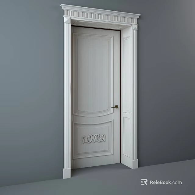 White Hinged Door With Carved Panel Design And Gray Wall Background 3d model