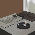 Modern L Shaped Sofa Coffee Table Set With White Gray Cushions Round Black Top 3d model