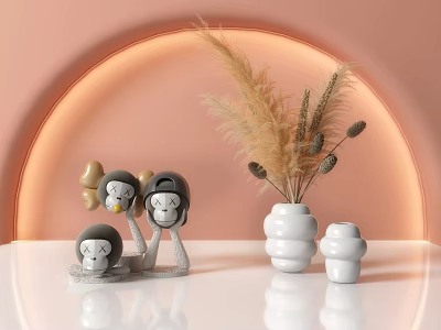 Cute Cartoon Figurines Decor Set With Dried Pampas Grass White Vase And Pink Arched Backlight 3d model
