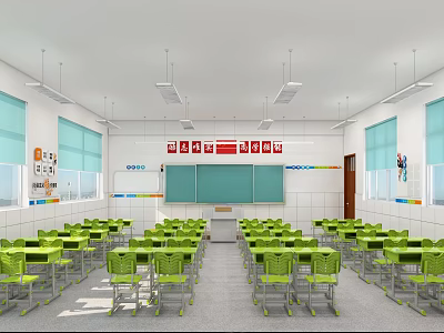 Bright School Classroom With Rows of Green Desks Blackboard And Windows 3d model