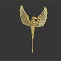 Golden Eagle Sculpture With Spread Wings On Red Pole Gray Background