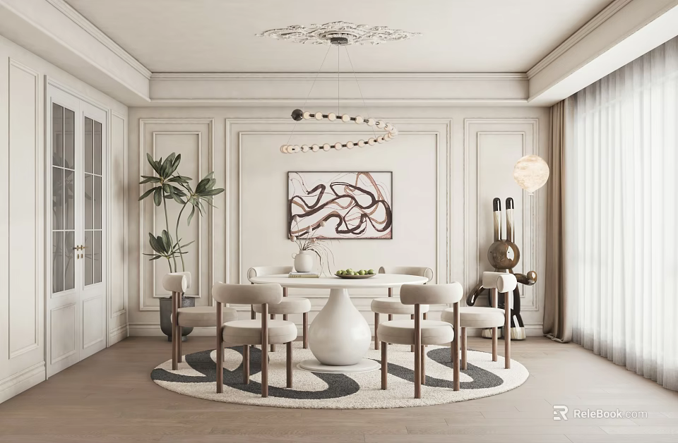 Elegant Dining Room Interior With Decorative Ceiling Pendant Light Round Rug And Artwork 3d model