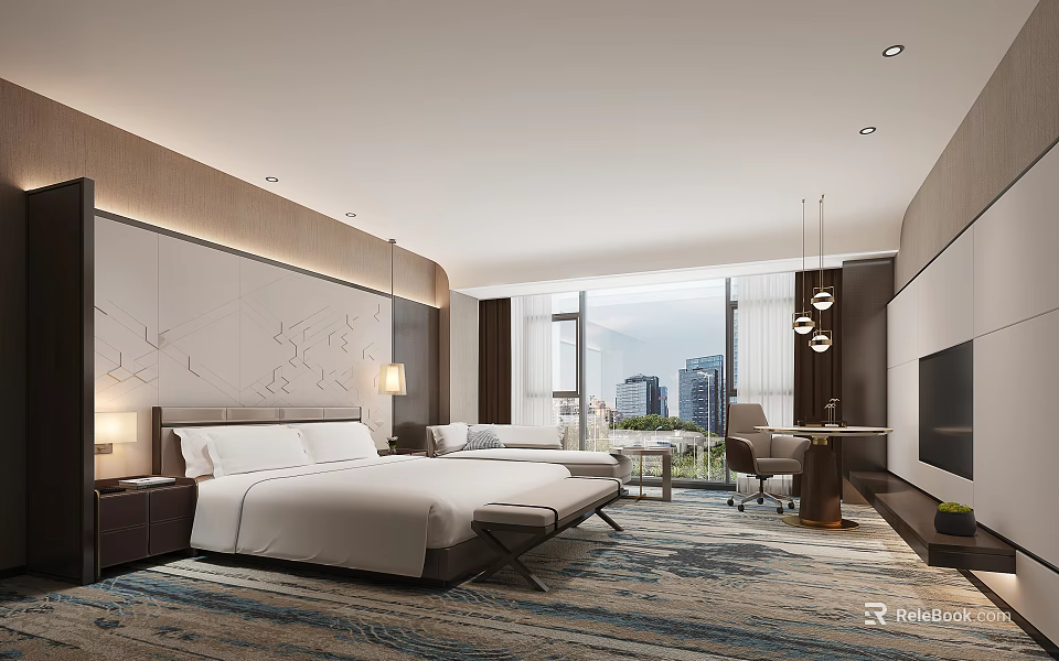 Modern Hotel Guest Room with White Bed Sofa and City View through Large Window 3d model 