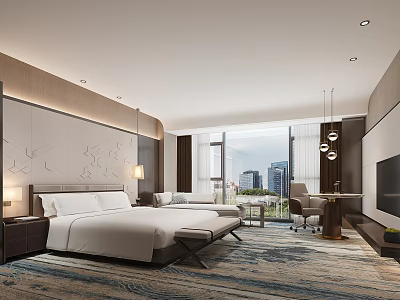 Modern Hotel Guest Room with White Bed Sofa and City View through Large Window 3d model