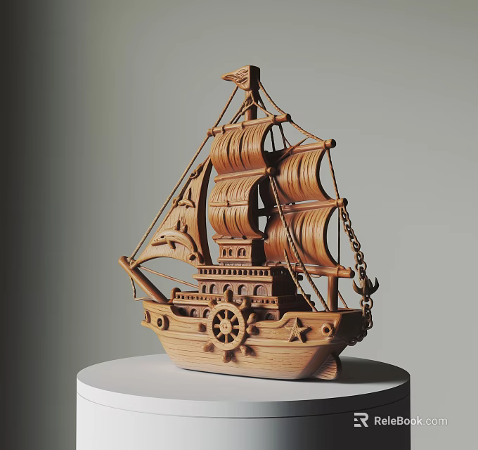 Intricate Wooden Ship Sculpture With Detailed Sails And Circular Display Base 3d model 