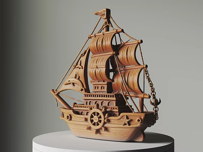 Intricate Wooden Ship Sculpture With Detailed Sails And Circular Display Base 3d model