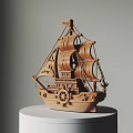 Intricate Wooden Ship Sculpture With Detailed Sails And Circular Display Base