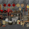 Industrial Ceramic Processing Equipment With Clay Pots Grinding Stones And Storage Racks 3d model