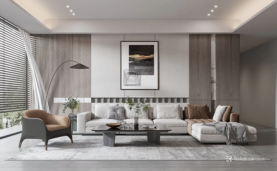 Modern Living Room Interior With Wooden Walls Sofa Coffee Table And Decorative Painting 3d model 