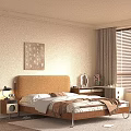 Cozy Double Bed with Yellow Headboard White Brown Bedding Nightstand Lamp Wall Art Brown Curtains