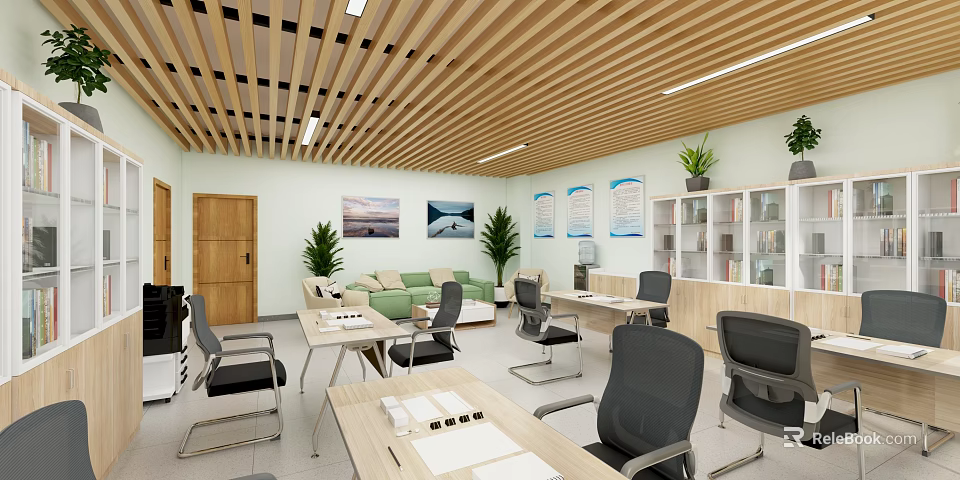 Public Office Space With Wooden Ceiling Green Sofa Office Desks And Black Chairs 3d model 