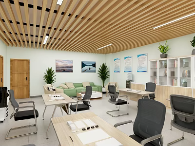Public Office Space With Wooden Ceiling Green Sofa Office Desks And Black Chairs 3d model