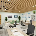 Public Office Space With Wooden Ceiling Green Sofa Office Desks And Black Chairs