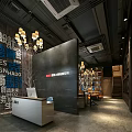 Stylish Modern Office Reception Desk With Chandeliers And Wall Decor Design