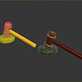 Two Shiny Golden And Red Hammers With Wooden Base As Practical Household Items