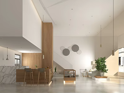 Modern Dessert Shop Interior With Open Space Wooden Accents Marble Bar And Green Plants 3d model