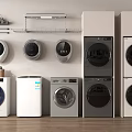 Various Washing Machine Types Including Wall Mounted And Stacked Models In Modern Laundry Room 3d model