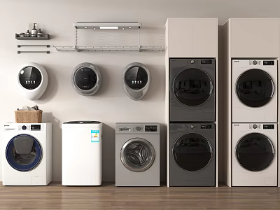 Various Washing Machine Types Including Wall Mounted And Stacked Models In Modern Laundry Room 3d model
