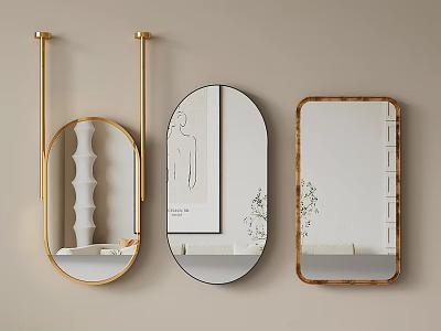 Three Stylish Mirrors with Gold and Wooden Frames Reflecting White Vase Drawing and Plant 3d model
