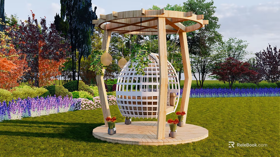 Wooden Spherical Hanging Chair In Outdoor Garden With Green Plants And Flower Beds On Lawn 3d model 