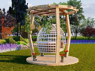 Wooden Spherical Hanging Chair In Outdoor Garden With Green Plants And Flower Beds On Lawn 3d model