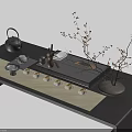 Traditional Chinese Tea Table Set With Teapot Teacups Tray And Flower Vase With Branches