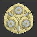 Golden Circular Decorative Object With Three Dials Intricate Engravings And Reflective Surface
