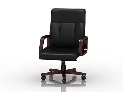 Modern Black Leather Office Chair With Wooden Armrests And Wheeled Base 3d model