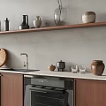 Modern Kitchen With Wooden Cabinets Shelves Ceramic Decor Countertop And Natural Light