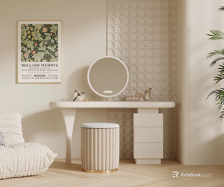 Stylish Beige Vanity with Round Mirror Grid Wall Stool Palm Plant and Floral Poster 3d model 