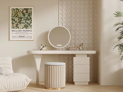 Stylish Beige Vanity with Round Mirror Grid Wall Stool Palm Plant and Floral Poster 3d model