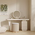Stylish Beige Vanity with Round Mirror Grid Wall Stool Palm Plant and Floral Poster
